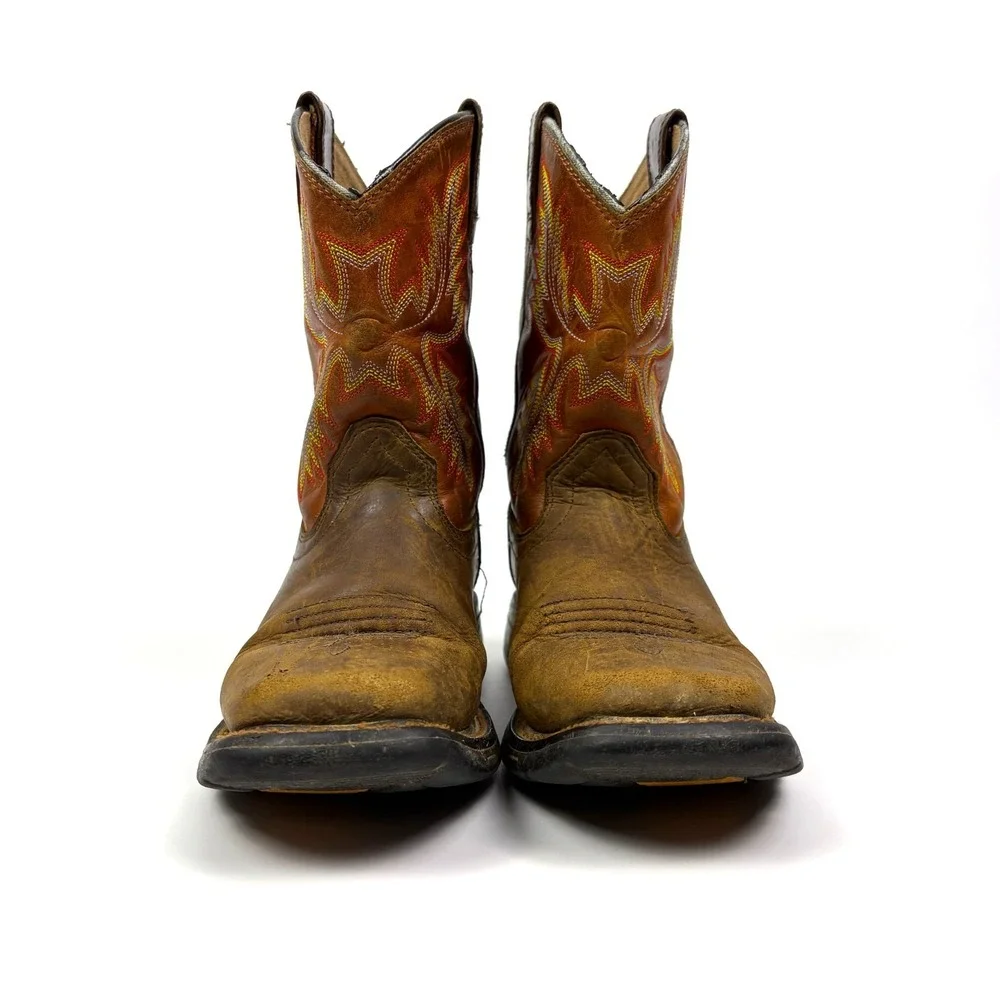 Ariat Kids WorkHog Square Toe Boots Sz 1.5‎ Brown Red Flame Embroidery Western